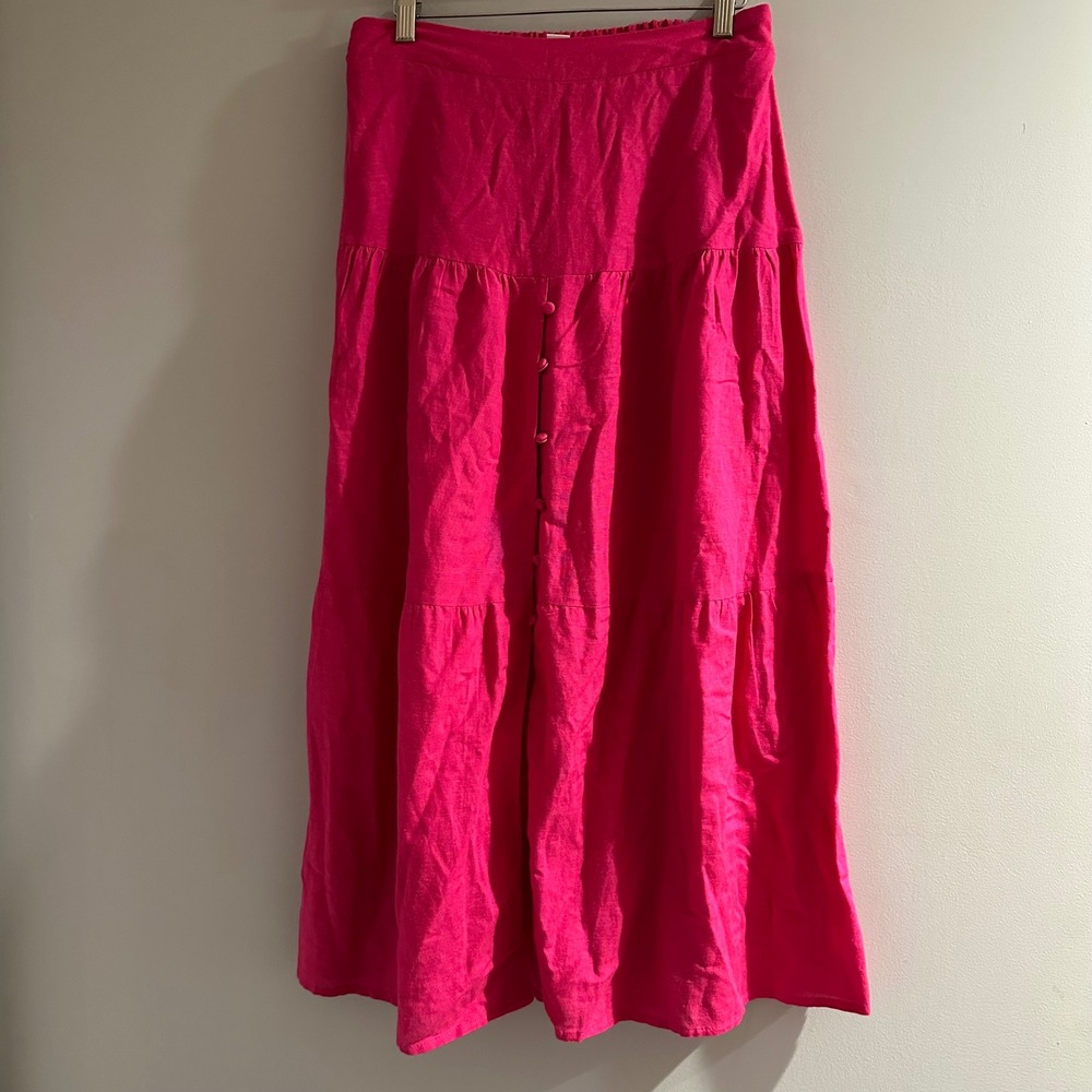 Japna Tiered Maxi Skirt Women Medium Hot Pink Excellent Boho Button Detail‎